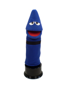 The blue crayon puppet has sleepy eyes.