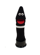 The black crayon puppet has normal looking, dark eyes.