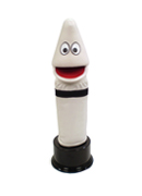The white crayon puppet has large eyes with black outline.