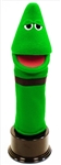 The green crayon puppet has sleepy eyelids.