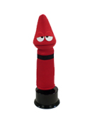 The red crayon puppet has angry eyes.