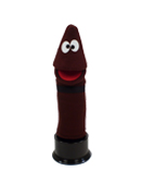The brown crayon puppet has wacky, funny eyes.