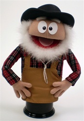 Old man puppet with feather boa beard and hat.