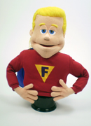 Muscular Super Hero puppet with peach skin and handsome blonde hair.