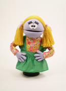 Lavender girl puppet with yellow pigtails.