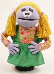 Lavender girl puppet with yellow pigtails.