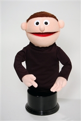 Little boy puppet with peach skin and brown hair.